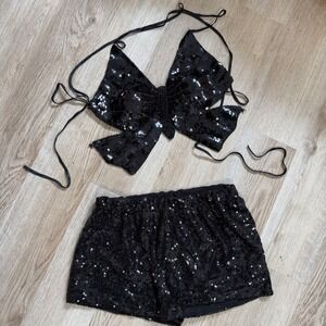 Western Fashion Butterfly Sequin Crop Top OS Black with matching sequin shorts